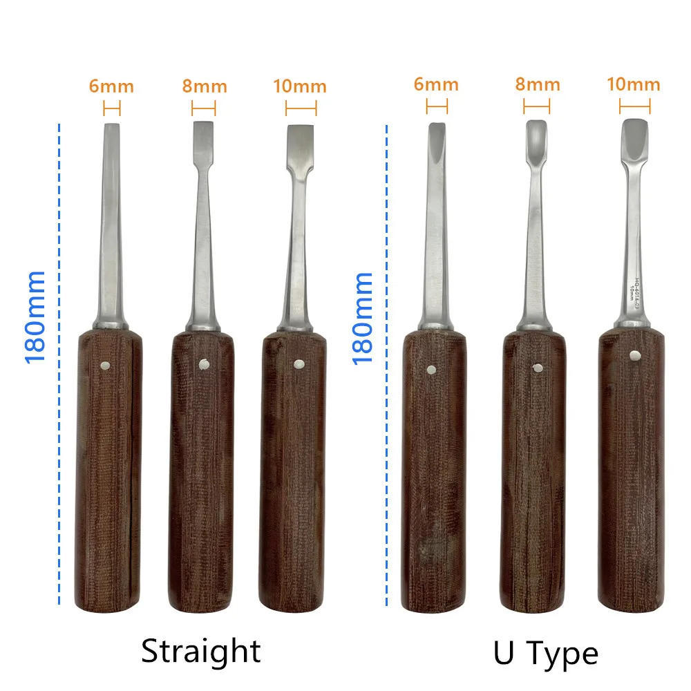 Bone Osteotomes Wooden Handle 6mm-10mm straight /U Type Orthopedic Surgical instruments